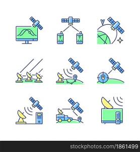 Artificial satellites green, blue RGB color icons set. Satellite tracking, navigation, positioning system. Satelites types. Isolated vector illustrations. Simple filled line drawings collection. Artificial satellites green, blue RGB color icons set