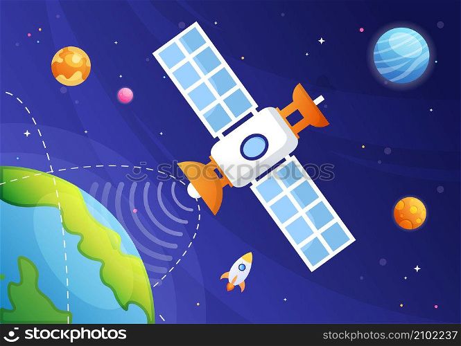 Artificial Satellites Orbiting the Planet Earth with Wireless Technology Global 5G Internet Network Satellite Communication in Flat Background Illustration
