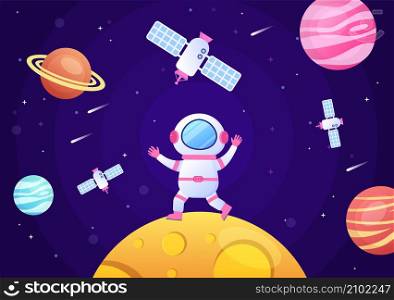 Artificial Satellites Orbiting the Planet Earth with Wireless Technology Global 5G Internet Network Communication and Astronaut in Flat Background Illustration