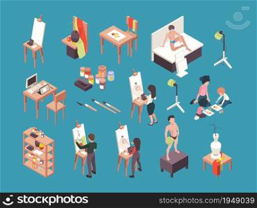 Artist accessories. People painters making picture with brushes and paint crafting vector artists isometric. Art hobby or craft, equipment and instrument illustration. Artist accessories. People painters making picture with brushes and paint crafting vector artists isometric
