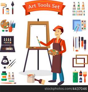 Artist And Art Tools Set. Artist and art tools set for painting and creature vector illustration