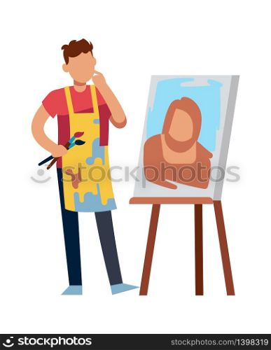 Artist character drawing picture. Drawing man with paintbrush at picture canvas, vector painter or designer job painting concept. Artist character drawing picture. Drawing man with paintbrush at picture canvas, vector painter or designer job concept