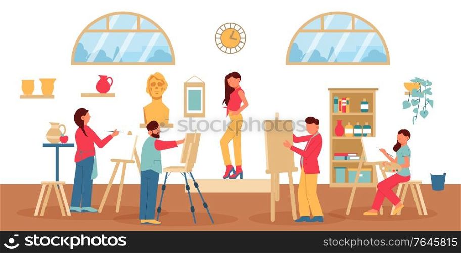 Artist creative professions composition with group of painters and female model human characters in studio environment vector illustration