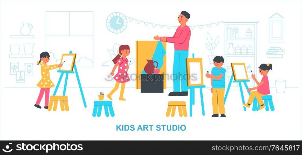 Artist creative studio kids composition with indoor scenery and children drawing paintings supervised by adult teacher vector illustration