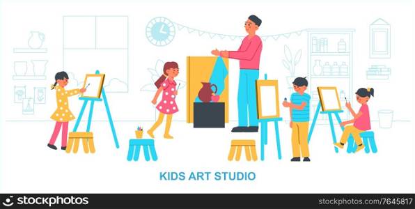 Artist creative studio kids composition with indoor scenery and children drawing paintings supervised by adult teacher vector illustration