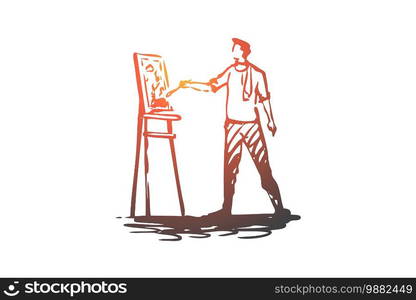 Artist, drawing, painter, brush concept. Hand drawn male artist drawing concept sketch. Isolated vector illustration.. Artist, drawing, painter, brush concept. Hand drawn isolated vector.