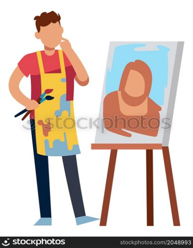 Artist drawing portrait. Man holding paintbrush and looking at canvas. Vector illustration. Artist drawing portrait. Man holding paintbrush and looking at canvas