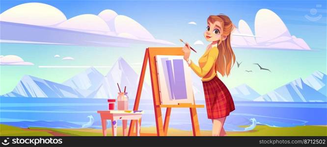 Artist girl drawing beautiful mountain landscape during plein air. Young woman painter holding brush front of easel paint summer nature stand at lake with splashing waves, Cartoon vector illustration. Artist girl drawing beautiful mountain landscape