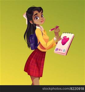 Artist girl paint flower, young woman painter with dark skin and long black hair wear teenage clothes holding pencil and sketchbook with rose blossom. Workshop studio class Cartoon vector illustration. Artist girl paint flower, young woman painter