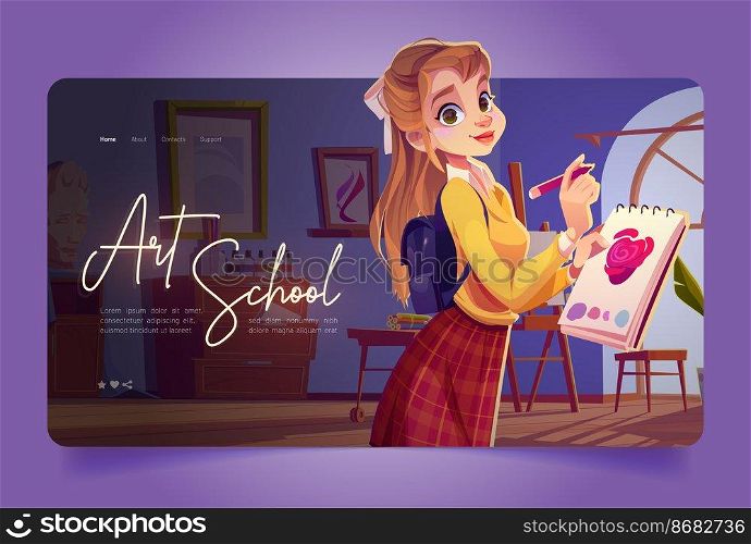 Artist girl paint flowers in art school cartoon landing page. Young woman painter holding pencil and sketchbook practicing drawing of rose blossom sketch. Workshop studio class, Vector web banner. Artist girl paint flowers in art school landing