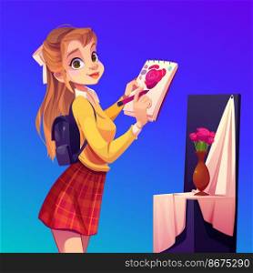 Artist girl paint flowers in vase. Painter young woman in teenage clothes and rucksack on back holding pencil and sketchbook with rose blossom sketch. Workshop studio class Cartoon vector illustration. Artist girl paint flowers in vase, workshop studio