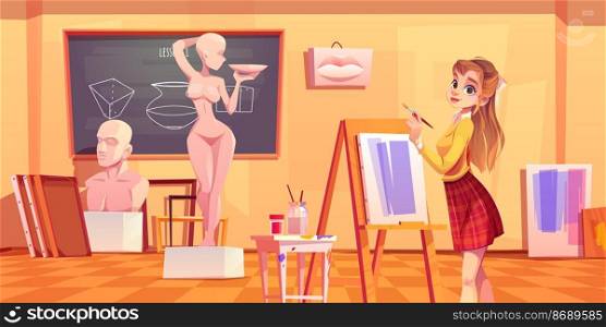 Artist girl painting in art school class. Young woman painter with brush stand front of easel in workshop studio interior with statues, blackboard, pictures and frames, Cartoon vector illustration. Artist girl painting in art school class, painter