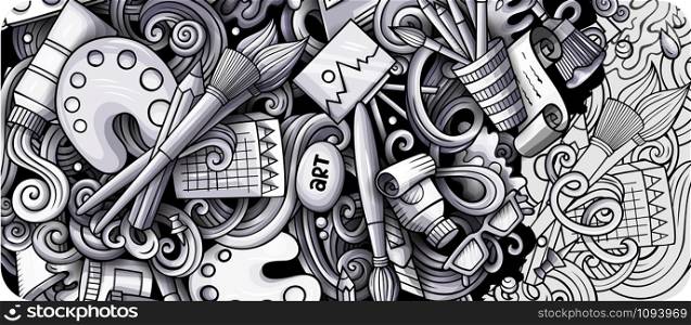 Artist hand drawn doodle banner. Cartoon detailed illustrations. Art identity with objects and symbols. Monochrome vector design elements background. Artist hand drawn doodle banner. Cartoon detailed illustrations.