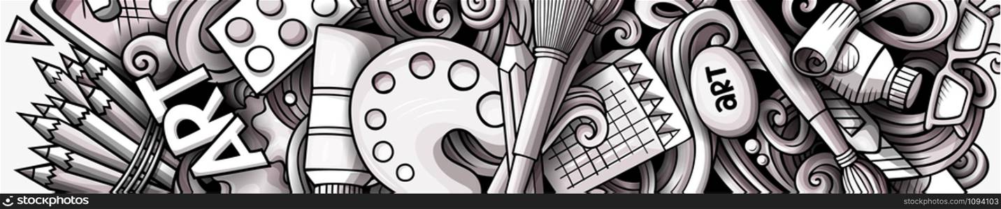 Artist hand drawn doodle banner. Cartoon detailed illustrations. Art identity with objects and symbols. Monochrome vector design elements background. Artist hand drawn doodle banner. Cartoon detailed illustrations.