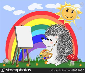 Artist hedgehog paints a picture of landscape in the nature. The concept of art, love. Cartoon landscape with sun, clouds, flowers. Artist paints a picture of landscape in the nature. Plein Air. illustration in a flat style