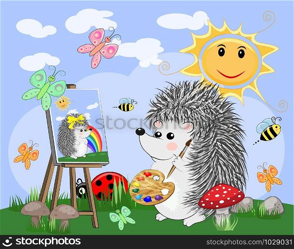 Artist hedgehog paints a picture of landscape in the nature. The concept of art, love. The artist paints a portrait of his beloved. Cartoon landscape with sun, clouds, flowers. Artist paints a picture of landscape in the nature. Plein Air. illustration in a flat style