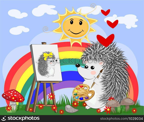 Artist hedgehog paints a picture of landscape in the nature. The concept of art, love. The artist paints a portrait of his beloved. Cartoon landscape with sun, clouds, flowers. Artist paints a picture of landscape in the nature. Plein Air. illustration in a flat style