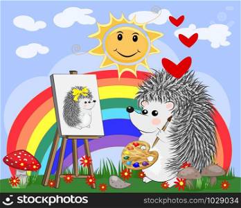 Artist hedgehog paints a picture of landscape in the nature. The concept of art, love. The artist paints a portrait of his beloved. Cartoon landscape with sun, clouds, flowers. Artist paints a picture of landscape in the nature. Plein Air. illustration in a flat style