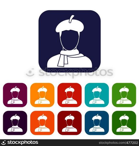 Artist icons set vector illustration in flat style in colors red, blue, green, and other. Artist icons set