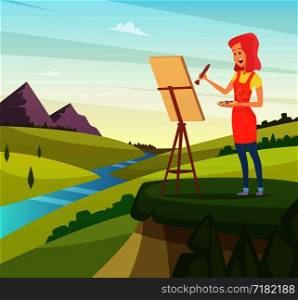Artist in nature making picture. Artist paint brush, paintbrush artistic, painter and easel, vector illustration. Artist in nature making picture