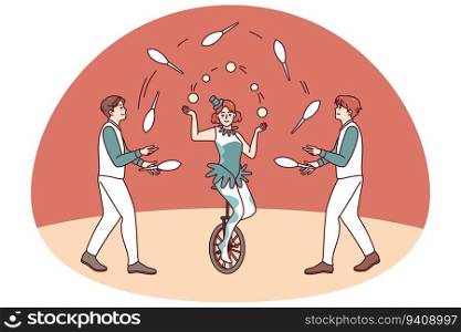 Artist juggling on circus arena. Man and woman performers make show on stage. Jugglers performance. Flat vector illustration.. Artists juggling in circus