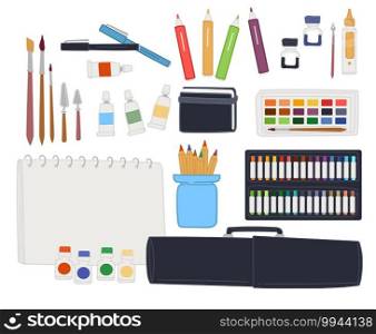 Artist kit for drawing and creating masterpieces, isolated pencils and colorful pens. Notebook or sketchbook with blank pages. Brushes and paints, case with instruments. Vector in flat style. Kit for drawing, artists pencils and notebook
