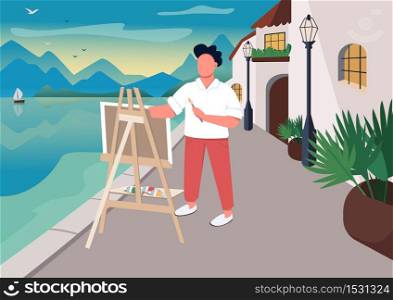 Artist painting at seaside flat color vector illustration. Outdoor art class. Summer time leisure. Man with easel 2D cartoon character with ocean and resort town houses on background . ZIP file contains: EPS, JPG. If you are interested in custom design or want to make some adjustments to purchase the product, don&rsquo;t hesitate to contact us! bsd@bsdartfactory.com. Artist painting at seaside