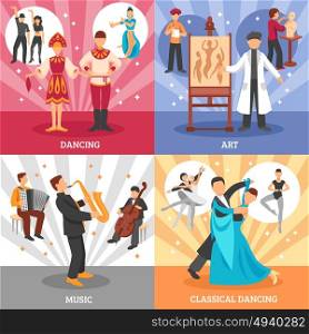 Artist People Concept Icons Set . Artist people concept icons set with dancing and music symbols flat isolated vector illustration