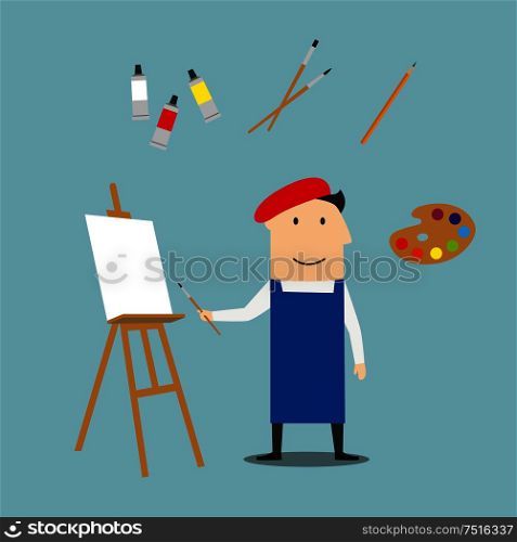 Artist profession concept with craftsman in french red beret and neckerchief, paint tubes and paint brushes, pencils, sketchbook and palette, easel and sculpture icons. Artist or craftsman with art elements