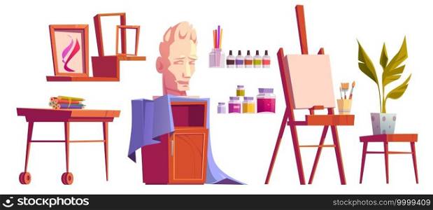 Artist studio art stuff canvas on easel, paint, brushes and colored pencils on wooden desk, plaster head, frames for pictures, potted plant isolated on white background Cartoon vector illustration set. Artist studio stuff canvas on easel, paint, brush