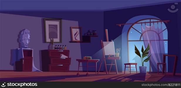 Artist studio at night, empty room interior with art stuff canvas on easel, paint, brushes and colored pencils on wood desk, plaster head, frames for pictures, potted plant Cartoon vector illustration. Artist studio at night, empty room with art stuff