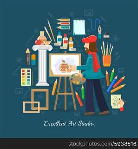 Artist studio concept with flat painting tools and painter symbols vector illustration. Artist Studio Concept