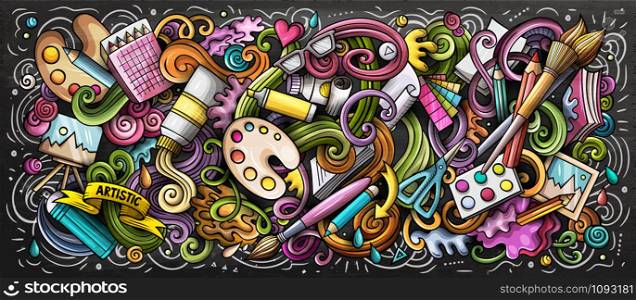 Artist supply color illustration. Visual arts doodles. Painting and drawing street art background. Color book cover. Graffiti handdrawn poster. Vector cartoon banner with hand drawn doodle elements. Artist supply color illustration. Visual arts doodle
