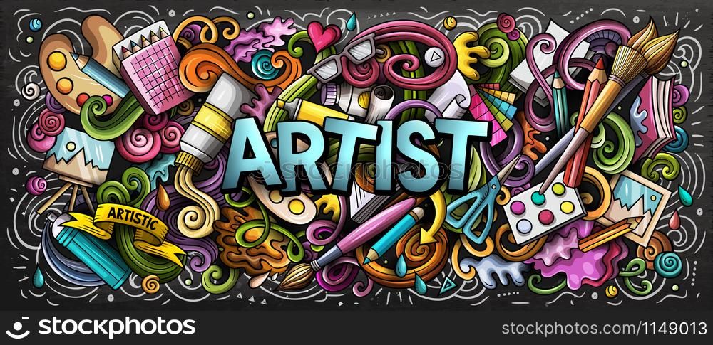 Artist supply color illustration. Visual arts doodles. Painting and drawing street art background. Color book cover. Graffiti handdrawn poster. Colorful vector cartoon banner with hand drawn doodle elements. Artist supply color illustration. Visual arts doodle