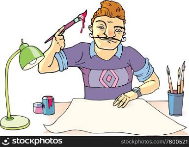Artist. The artist with the curly mustaches is starting his work on the blank peace of paper. Editable vector EPS v9.0.
