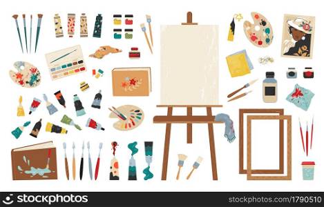Artist tools. Painting workshop clipart collection. Paints and brushes. Sharpener or eraser. Cartoon drawing accessories kit. Isolated sketchbooks and wooden frameworks. Vector designers craft toolkit. Artist tools. Painting workshop clipart collection. Paints and brushes. Sharpener or eraser. Drawing accessories kit. Sketchbooks and wooden frameworks. Vector designers craft toolkit