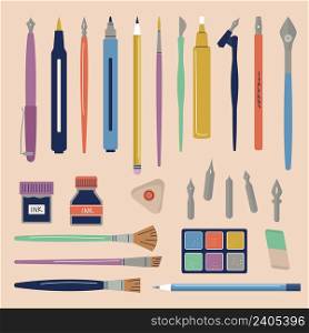 Artist tools. Pen brushes pencils markers paint for craft calligraphic works stationery kit writers vector flat illustrations collection. Pencil and pen, brush art drawing, paintbrush education design. Artist tools. Pen brushes pencils markers liquid paint for craft calligraphic works professional stationery kit writers recent vector flat illustrations collection
