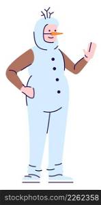 Artist wearing snowman costume semi flat RGB color vector illustration. Standing figure. Entertainment industry career. Christmas character performer isolated cartoon character on white background. Artist wearing snowman costume semi flat RGB color vector illustration