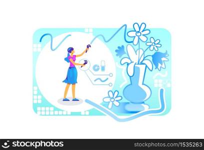 Artist with VR glasses 2D vector web banner, poster. Painter with AR headset flat characters on cartoon background. Simulator for entertainment. Art in interactive virtual reality colorful scene. Artist with VR glasses 2D vector web banner, poster