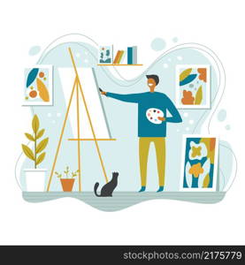 Artist working. Painter making creative illustration character holding colored brush freelancers decorator recent vector illustration background. Professional painter character, work artistic. Artist working. Painter making creative illustration character holding colored brush freelancers decorator recent vector illustration background