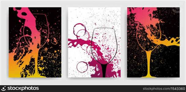 Artistic background for wine event. Idea for painting and wine event promotion. Illustration of wine glass and colorful spots. wine glass silhouette. Vector illustration.