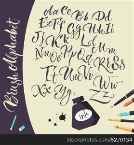 Artistic Background With Ink Pens And Alphabet . Artistic background with jar of ink pens and hand drawn alphabet flat doodle vector Illustration