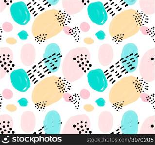 Artistic color brushed pink green yellow circles with black.Hand drawn with ink and marker brush seamless background.Abstract color splush and scribble design.