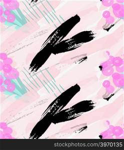 Artistic color brushed pink hatches with black strokes.Hand drawn with ink and marker brush seamless background.Abstract color splush and scribble design.