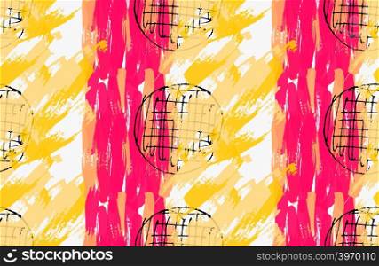 Artistic color brushed yellow pink texture with black circles.Hand drawn with ink and marker brush seamless background.Abstract color splush and scribble design.