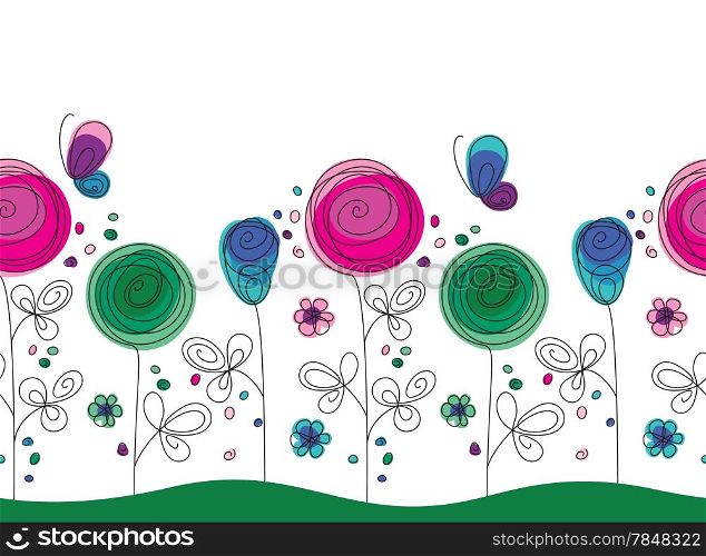 Artistic colorful seamless pattern with had drawn flowers and butterflies