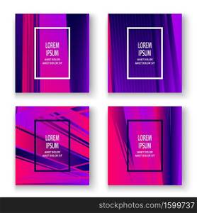 Artistic cover set design vector illustration. Neon blurred pink purple gradient. Abstract retro style texture geometric line pattern.Striped minimalist trend background. Modern template design banner