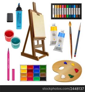 Artistic decorative elements of tools and art supplies with easel palette paints brush and pencil isolated vector illustration . Artistic Isolated Decorative Elements