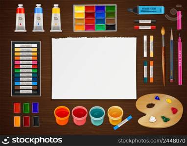 Artistic design concept with clean paper sheet in center and different art supplies in realistic style around at wooden easel vector illustration . Artistic Design Concept On Wooden Background
