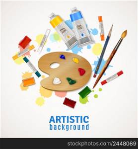 Artistic design concept with palette tubes of oil paints paintbrushes pencil highlighters at white background flat vector illustration . Artistic Background With Palette And Paints
